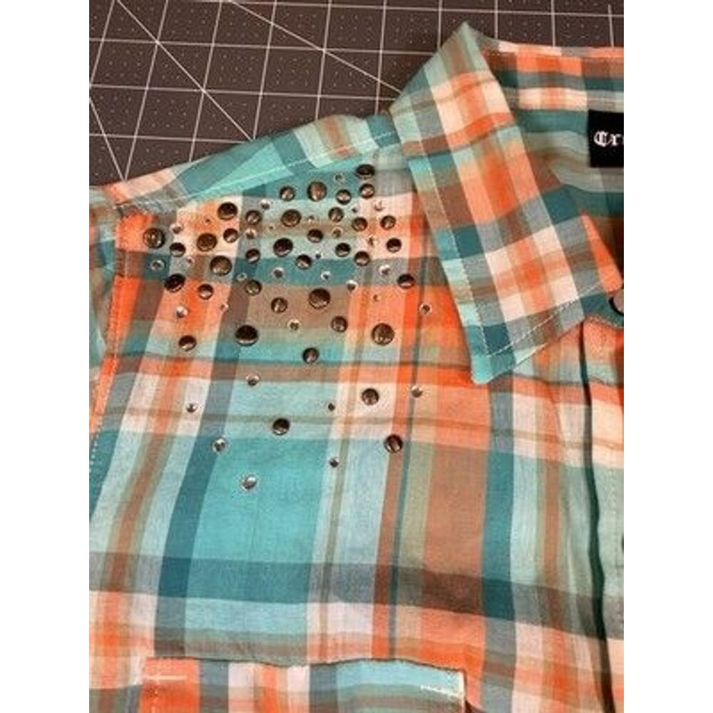 Cruel Women's Large Plaid Western Shirt Rhinestone Studded Turquoise Coral - Picture 5 of 12